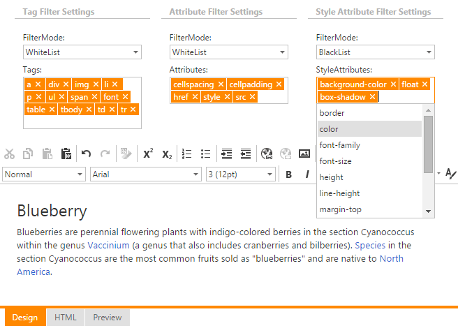 DevExpress ASP.NET HTML Editor - Tag and Style Filtering