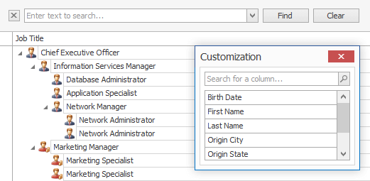 DevExpress WinForms TreeList - Search for Columns and Bands within Customization Form