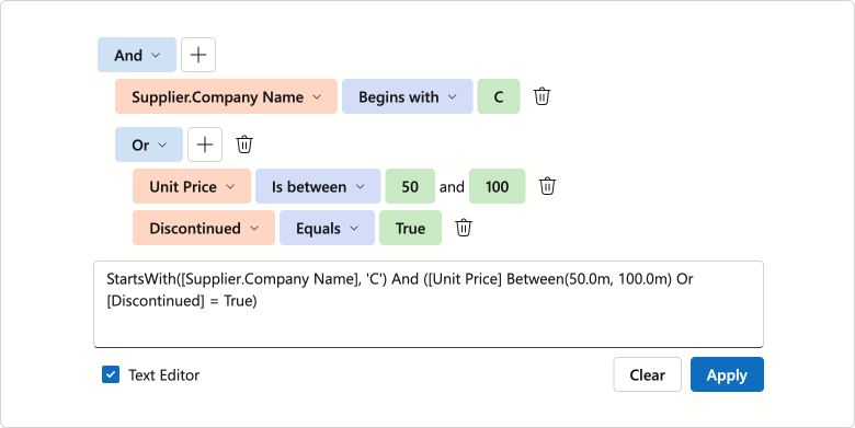 Blazor Filter Builder - Text Mode for Filter Expressions