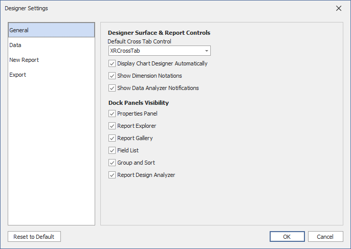 WinForms End-User Report Designer — Designer Settings Dialog, DevExpress Reports
