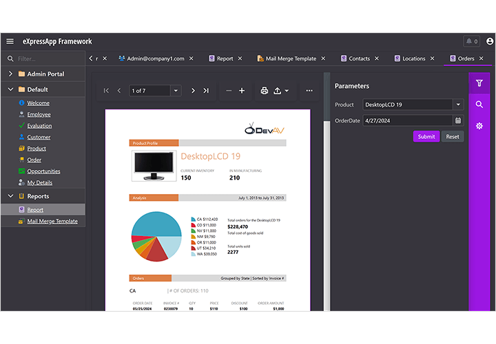 Reporting - Outlook Inspired App, XAF Blazor | DevExpress