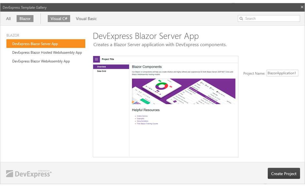 Blazor Project Templates - DevExpress Template Gallery in Visual Studio