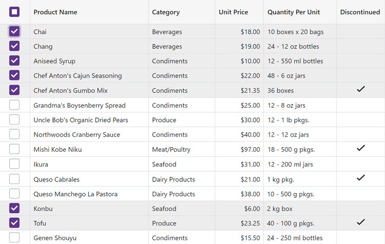 Blazor Data Grid - Row Selection, DevExpress