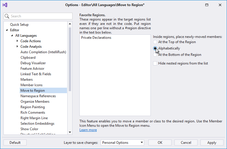 Move to Region Options - CodeRush | DevExpress