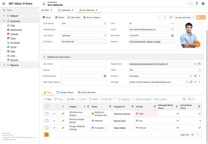 Employee Details - Employee Management, XAF Blazor | DevExpress