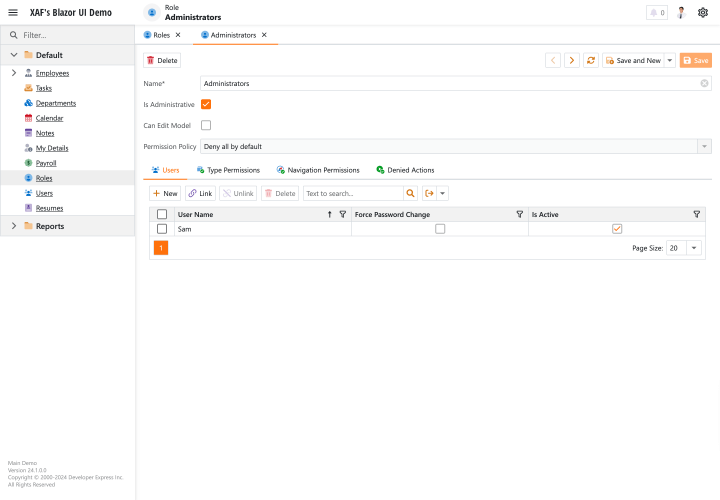 User Roles - Employee Management, XAF Blazor | DevExpress