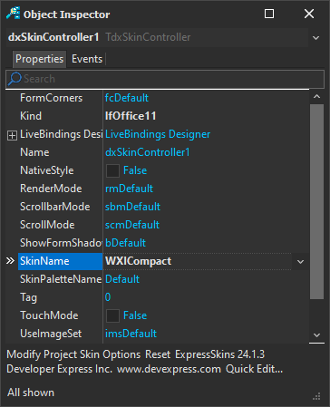 Enable the WXI Compact Skin in the Object Inspector - VCL Components, DevExpress