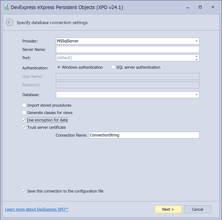 XPO ORM Data Model Wizard — Trust Level Certificate and Encryption Options