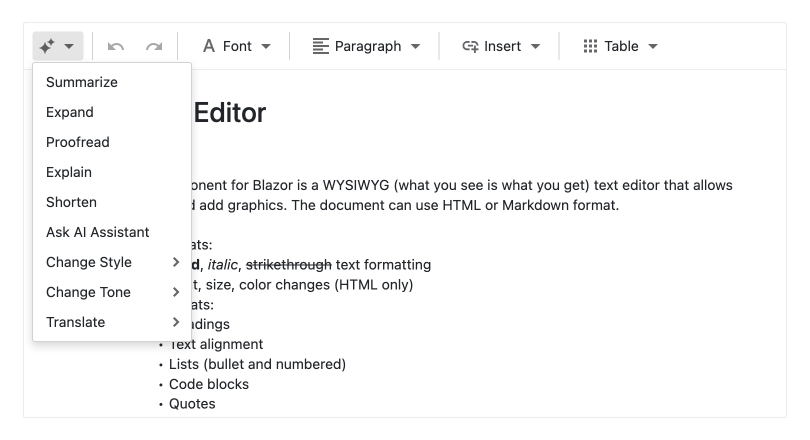 Blazor HTML Editor — AI-powered Text Commands