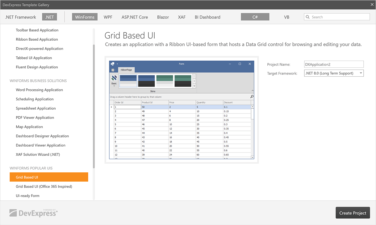 WinForms Project Template Gallery, DevExpress