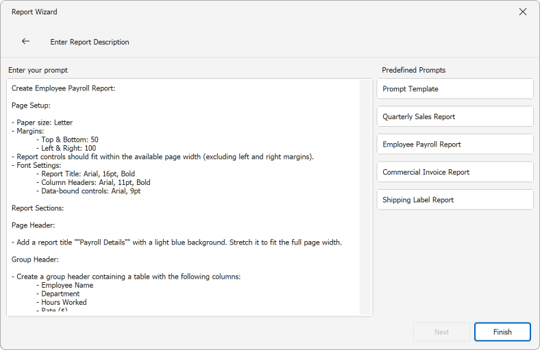 AI Prompt-to-Report Wizard — Built-in Prompts