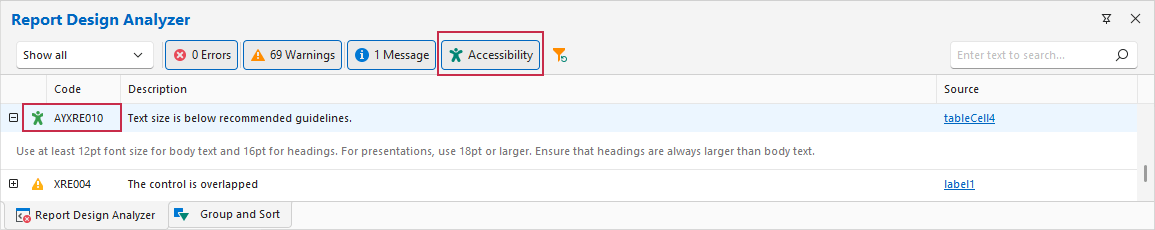 Accessibility Messages in the Report Design Analyzer