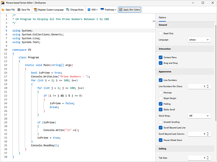 WinForms Monaco Code Editor, DevExpress