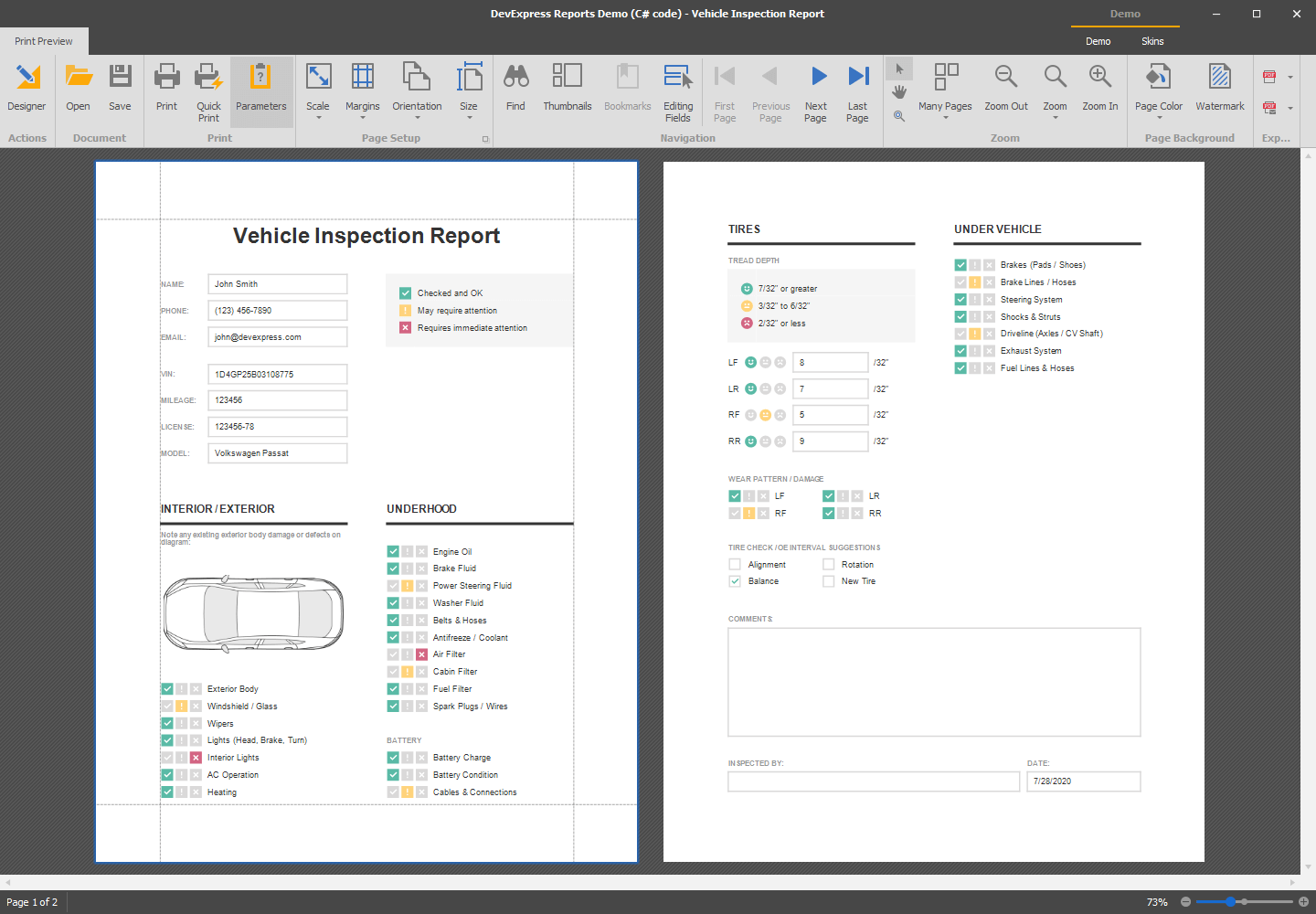 Vehicle Inspection Report - WinForms Report Viewer | DevExpress